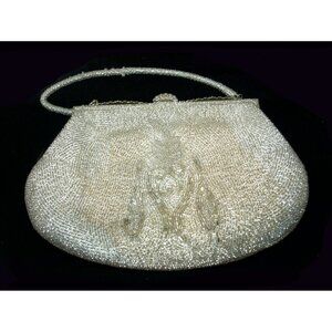Antique Beaded Purse Heavily Beaded with Silvered Mercury Glass Beads Silver